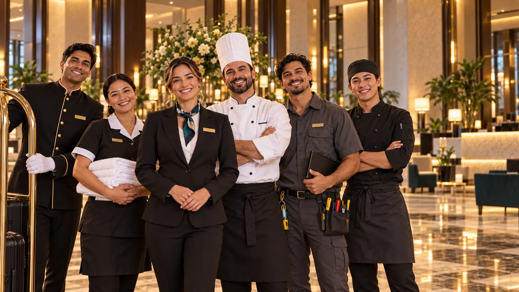 A connected hotel team including front office, housekeeping, general manager, chef, and maintenance