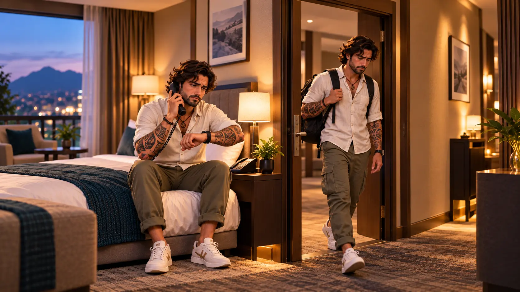The same guest waiting after calling hotel service, then leaving Hotel A disappointed