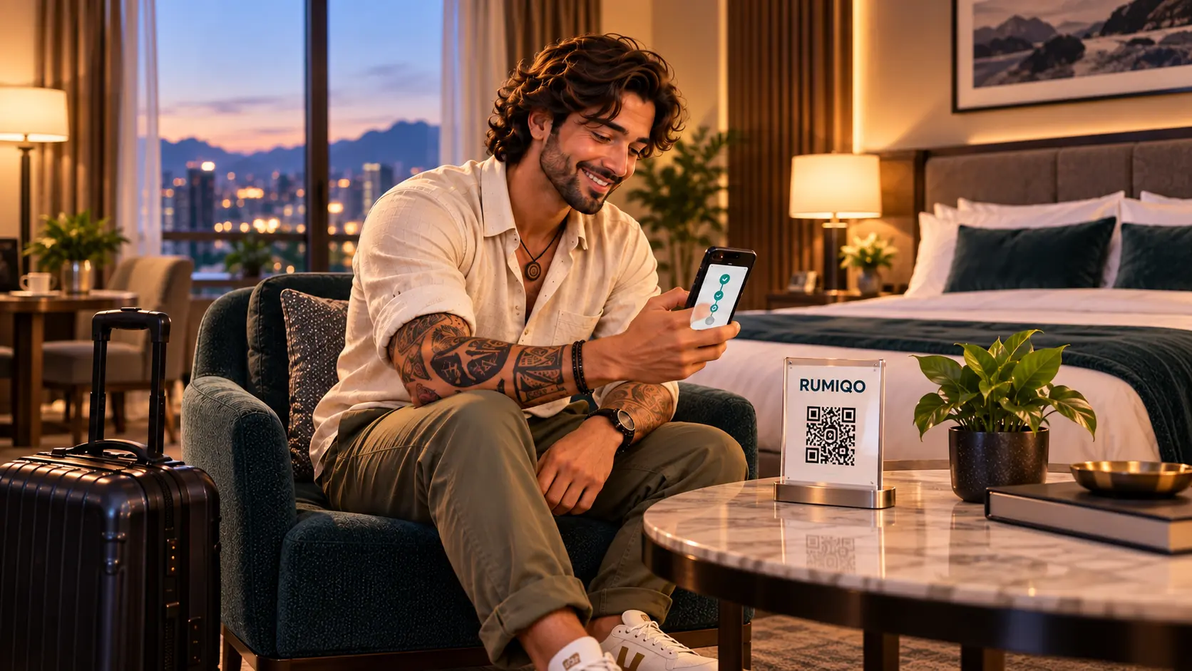 The same guest smiling while scanning a Rumiqo QR stand in Hotel B